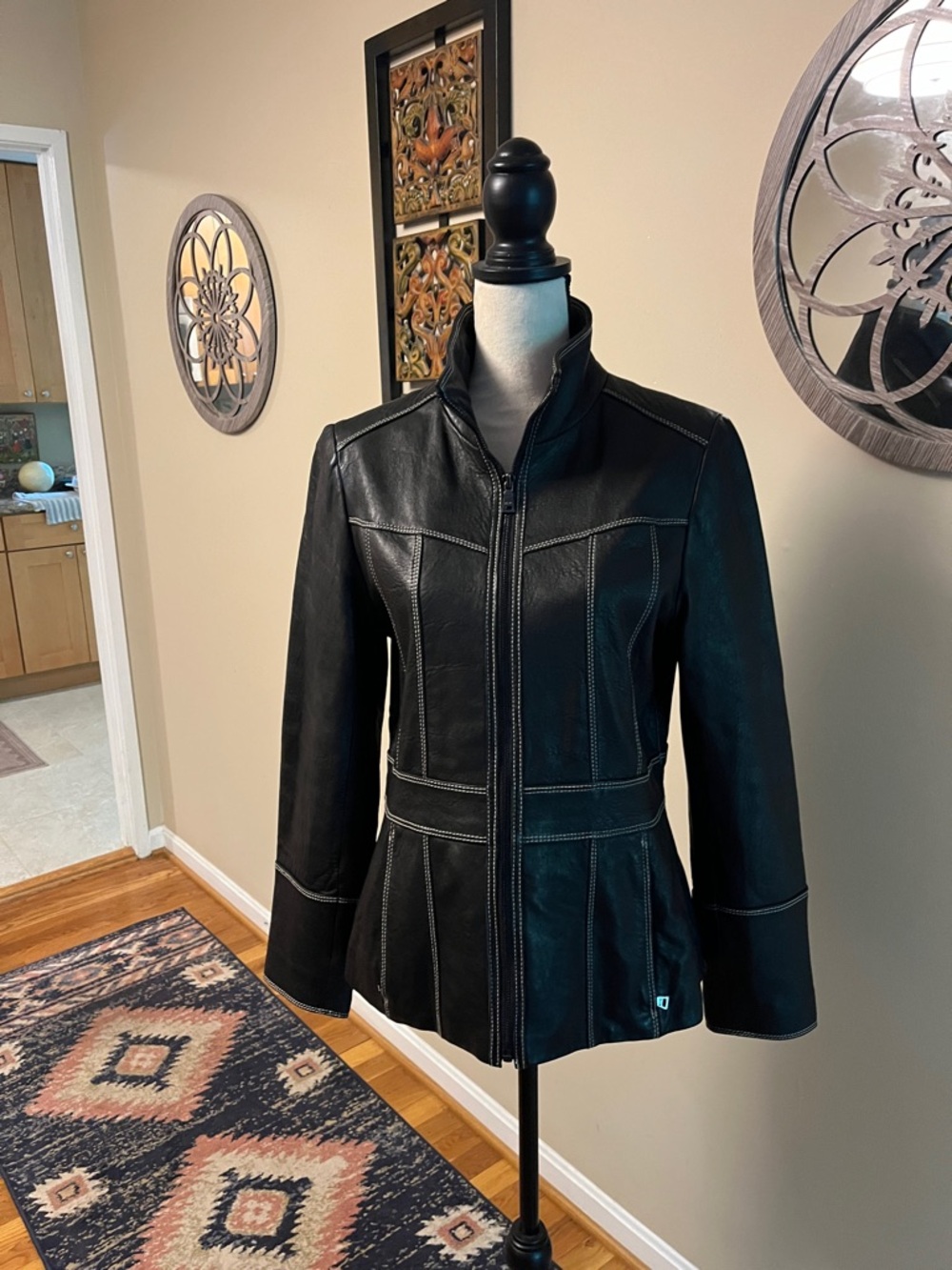 Marc New York Black Leather Zip-Front Jacket with Contrast Stitching, medium